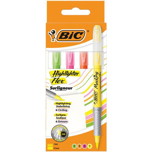 Jeu De 4 Surligneurs Bic Highlighter Grip Flex Assortis