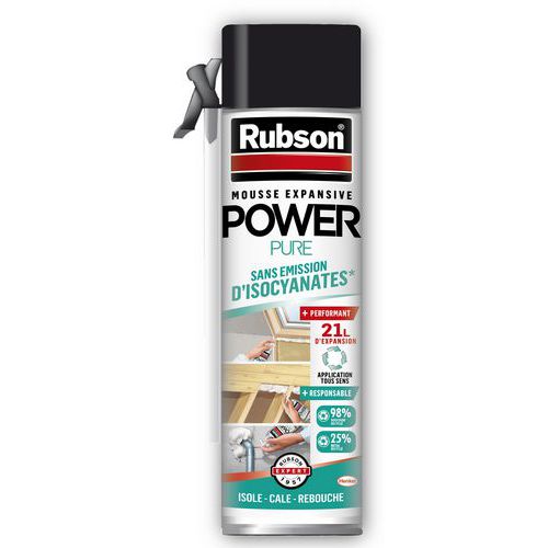 Rubson - Mousse expansive aérosol Power Pure 21L - 500 mL - Blanc - Isolation et fixation rapide