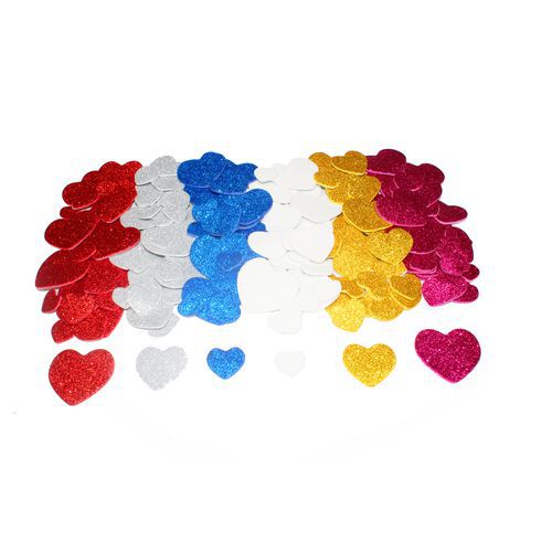 Lot de 200 cœurs mousse pailletée adhésive - 4 tailles - 6 coloris assortis thumbnail image 1