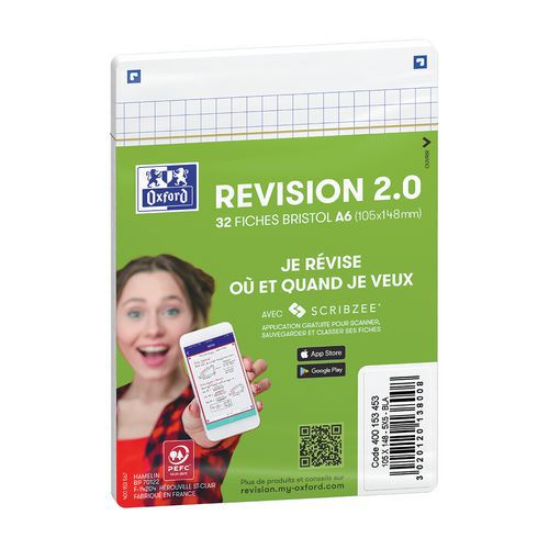 Fiches Bristol Revision 2.0 Oxford A6 Q5x5 Cadre Blanc