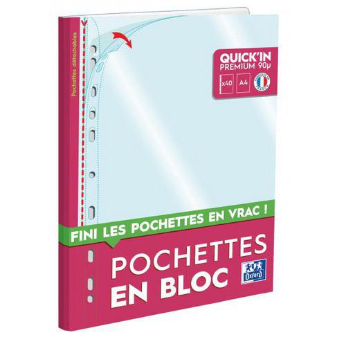Bloc 40 pochettes détachables Quick'in polypro perforées 9/100e lisse incolore A4 thumbnail image 1