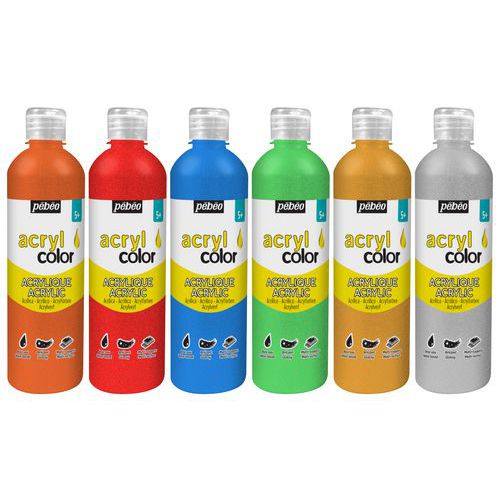 Assortiment 6 flacons 500 ml Acryl'Color Pebeo peinture pailletée thumbnail image 1