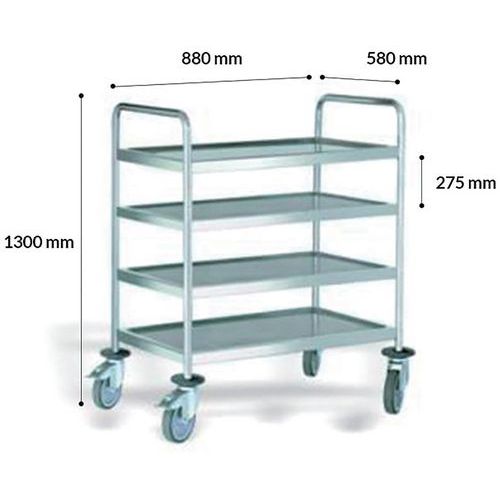 Chariot En Acier Inoxydable 4 Plateaux 880 X 580 X H1015 Mm