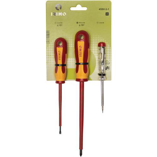 Irimo - Jeu 3 tournevis isolés (testeur) - Acier, Isolation 1000V - Rouge/jaune