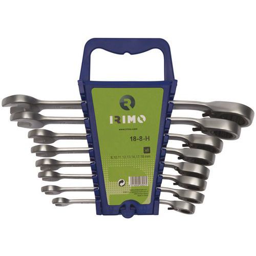 Irimo - Jeu 8 clés mixtes à cliquet sur clip - Acier chromé - Module servante - Norme ISO 3318