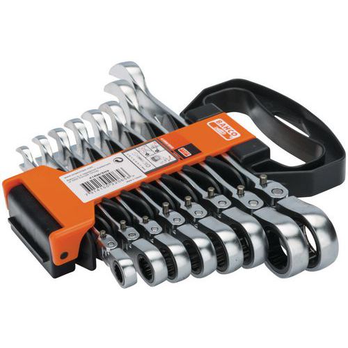 Bahco - Jeu de 8 clés mixtes à cliquet articulées - Finition chromée - Acier - Module pour servante