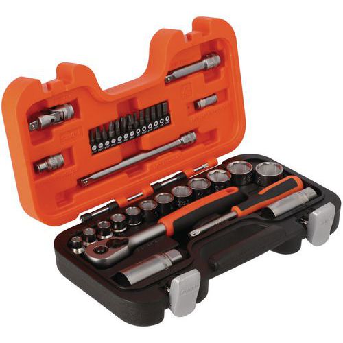 Jeu douilles 1/4 + 3/8 6 pans pouces + cliquet - Bahco