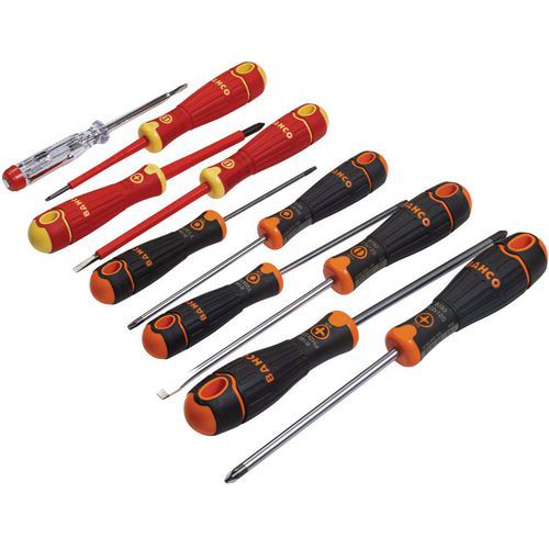 Bahco - Jeu de 10 tournevis BahcoFit - Isolation 1000V - Pour vis fente, Phillips, Pozidriv, Torx - Boîte de rangement