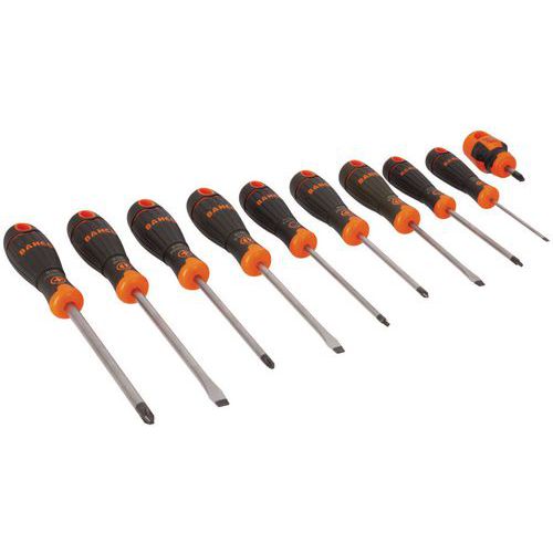 Bahco - Jeu de 10 tournevis pour vis fente, Phillips, Pozidriv, Robertson - Boîte de rangement incluse - Qualité professionnelle