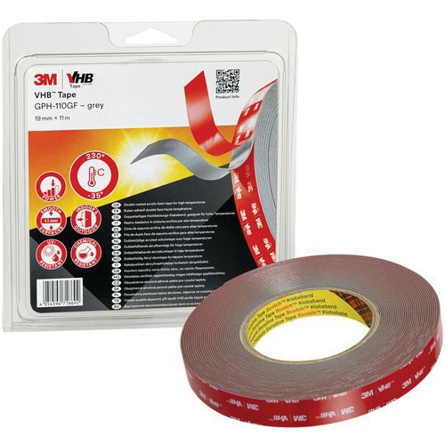3M - Ruban mousse adhésif double face VHB GPH-110GF - Gris 19mm x 11m - 1mm épaisseur - Forte adhérence