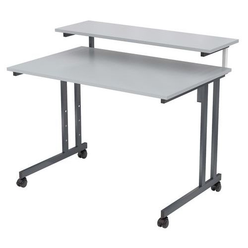 MBA - Poste informatique Mira - 2 plateaux, roulettes - Gris/Anthracite - Acier, Éco-responsable