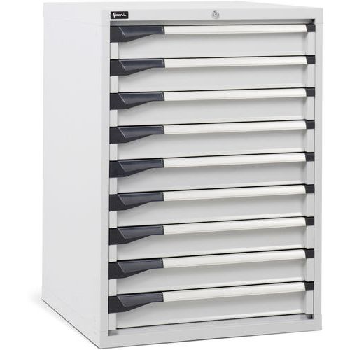 Fami - Armoire à tiroirs d'atelier - 9 tiroirs 714x726x1000mm Gris clair - Acier robuste 100kg - Fermeture à clé