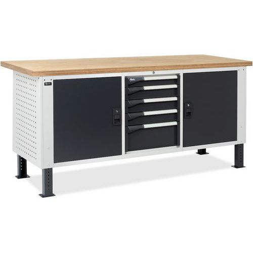 Fami - Établi Master BR - 2000x750mm - 5 Tiroirs, 2 Portes - Charge 1000kg - Bois Massif - Gris Clair