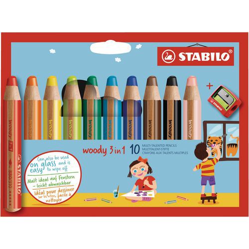 Etui carton 10 crayons Stabilo woody mine diam. 10 mm + 1 taille crayons en plastique gros module offert thumbnail image 1