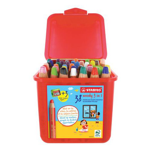 Schoolbox 38 crayons couleurs assorties gros module Woody + 3 taille-crayons gros module offert thumbnail image 1