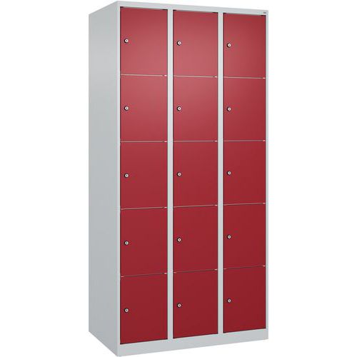 CP - Vestiaire Classic PLUS 15 casiers - Acier Gris Clair/Rouge - 185x90x50cm - Livré monté