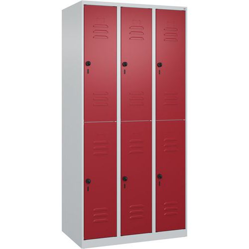 CP - Vestiaire 2 niveaux Classic PLUS - 6 casiers Rouge - Acier laqué Gris clair - 185x90x50cm - Livré monté