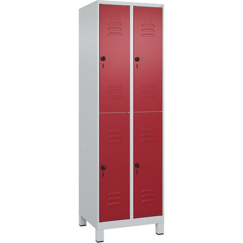 CP - Vestiaire 2 niveaux Classic PLUS sur pieds - 4 casiers - Rouge et Gris Clair - Acier Laqué - 195x60x50cm
