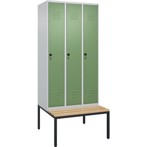 CP - Vestiaire Classic PLUS 3 colonnes avec banc - Acier Bleu clair/Hêtre - 900x815x2120 mm - 9 patères - 10 ans garantie