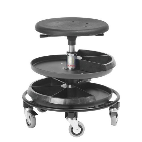 Global Professional Seating - Tabouret de Monteur Réglable - 2 Niveaux Rangement - Roulettes - Noir