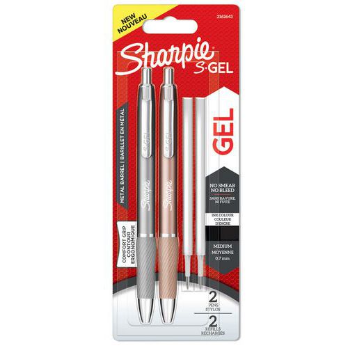 Sharpie - Stylos Gel Pointe Moyenne Noire - Lot de 2 - Rétractable Ergonomique - Idéal Bureau