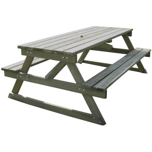Table bancs Ouna 200 cm en pin - 10 places - Mobilier d'extérieur robuste et durable - Fixation à sceller