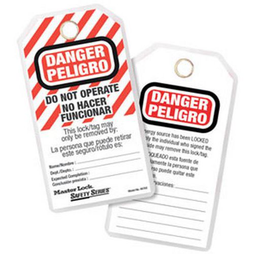 Master Lock - Étiquette de consignation bilingue Espagnol/Anglais - Polyester Blanc - Lot de 12 - Sécurité durable