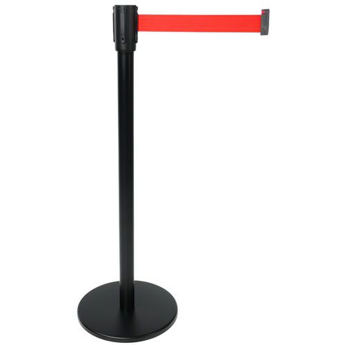 Manutan Expert - Poteau de guidage avec sangle rétractable rouge - Acier noir - 2m de sangle - Intérieur, Entrepôt, Tertiaire - 10 ans garantie