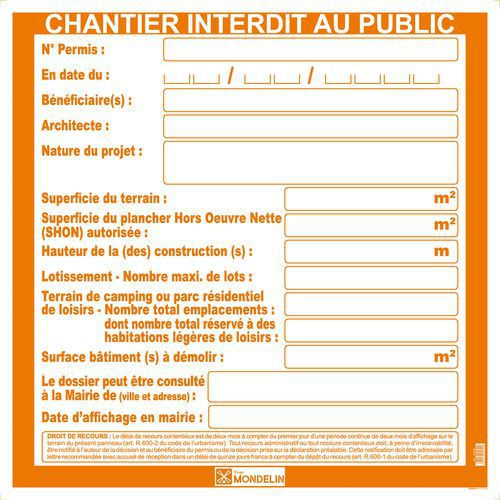 Mondelin - Panneau Interdiction Permis de Construire Rigide Polypropylène 80x80cm Orange Blanc Français