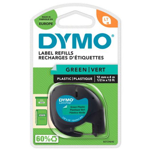 Dymo - Ruban LetraTAG Plastique Vert - 12mm x 4m - Noir sur Vert - Éco-responsable