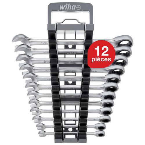 Wiha - Jeu de 12 clés mixtes à cliquet avec support - Finition chromée - Outil polyvalent et durable