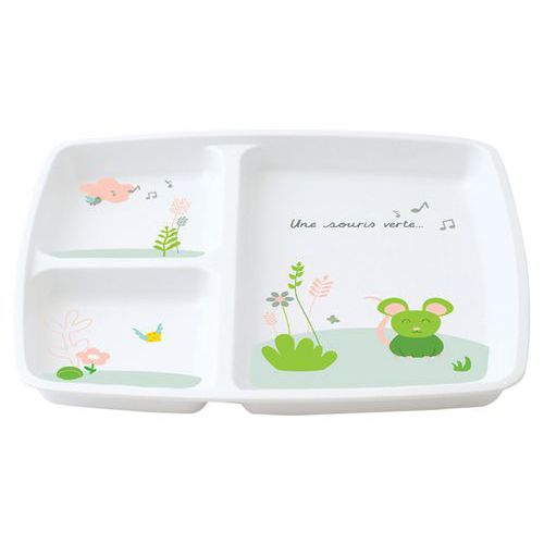 Plateaux Baby 3 Compartiments 25x21 Cm Mélamine Blanche Souris Verte