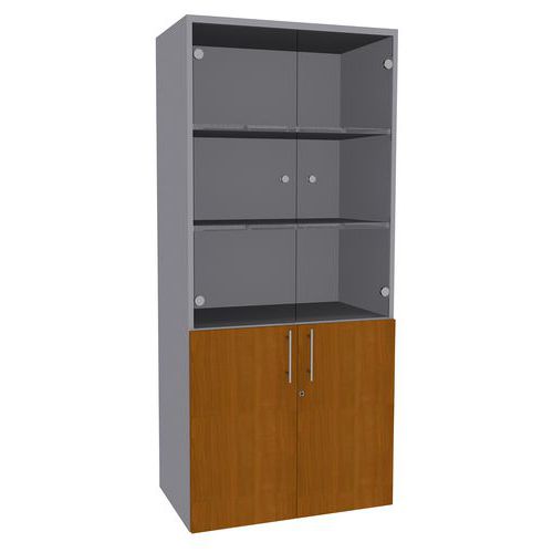 Bibliothèque Majix 2 Portes Basses+2 Verre Chêne Gris/alu